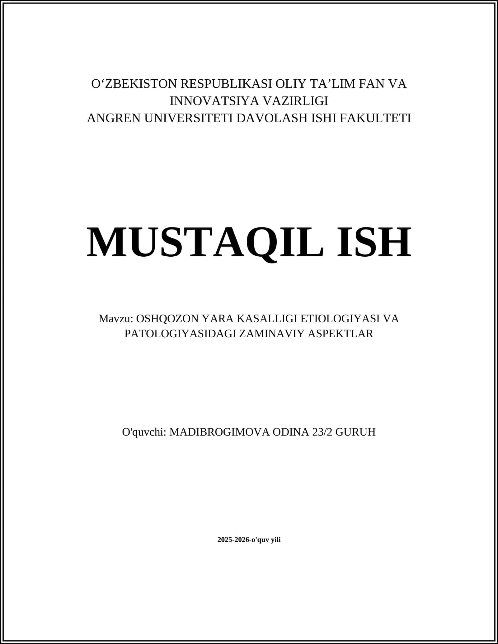 OSHQOZON YARA KASALLIGI ETIOLOGIYASI VA PATOLOGIYASIDAGI ZAMINAVIY ASPEKTLAR
