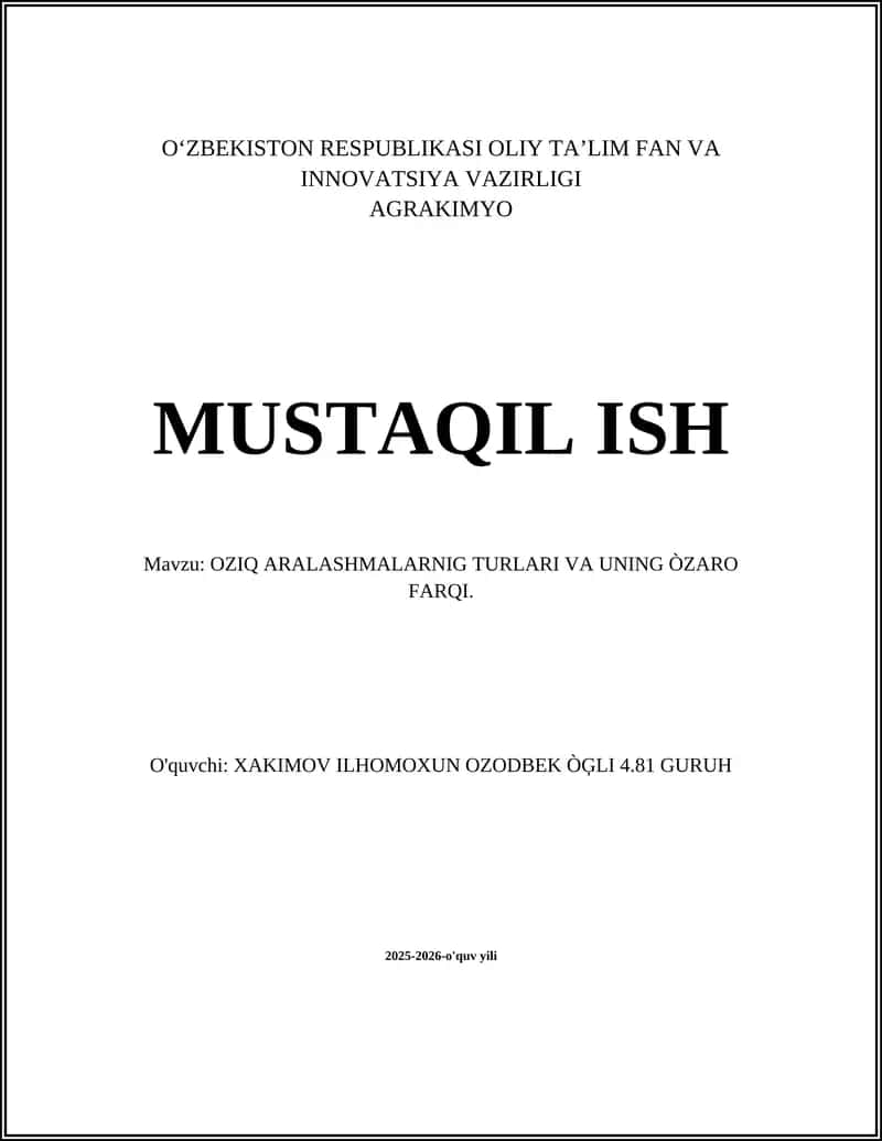 Oziq aralashmalarining umumiy tasnifi