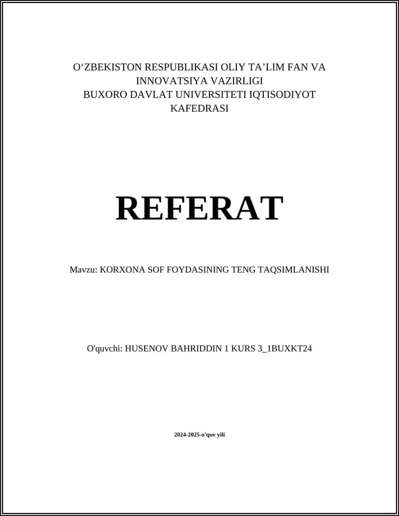 KORXONA SOF FOYDASINING TENG TAQSIMLANISHI