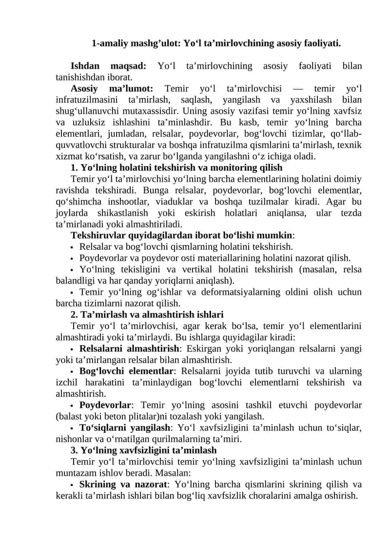 Yo‘l ta’mirlovchining asosiy faoliyati