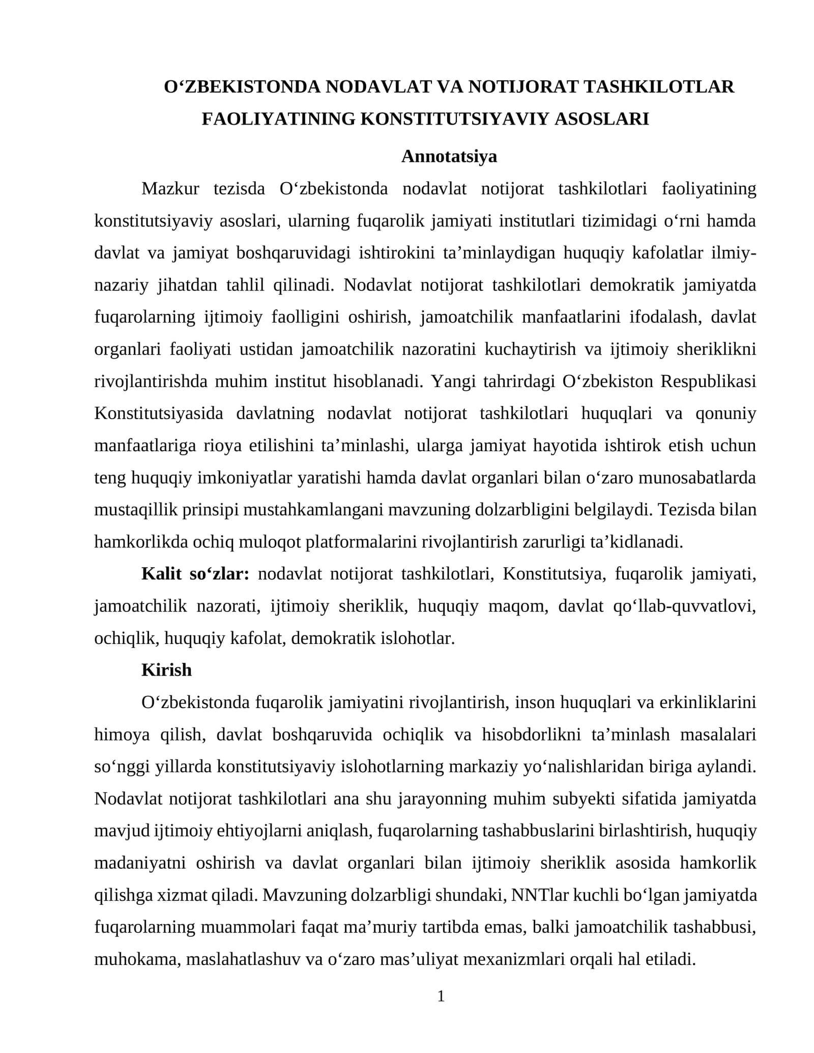 O‘ZBEKISTONDA NODAVLAT VA NOTIJORAT TASHKILOTLAR FAOLIYATINING KONSTITUTSIYAVIY ASOSLARI