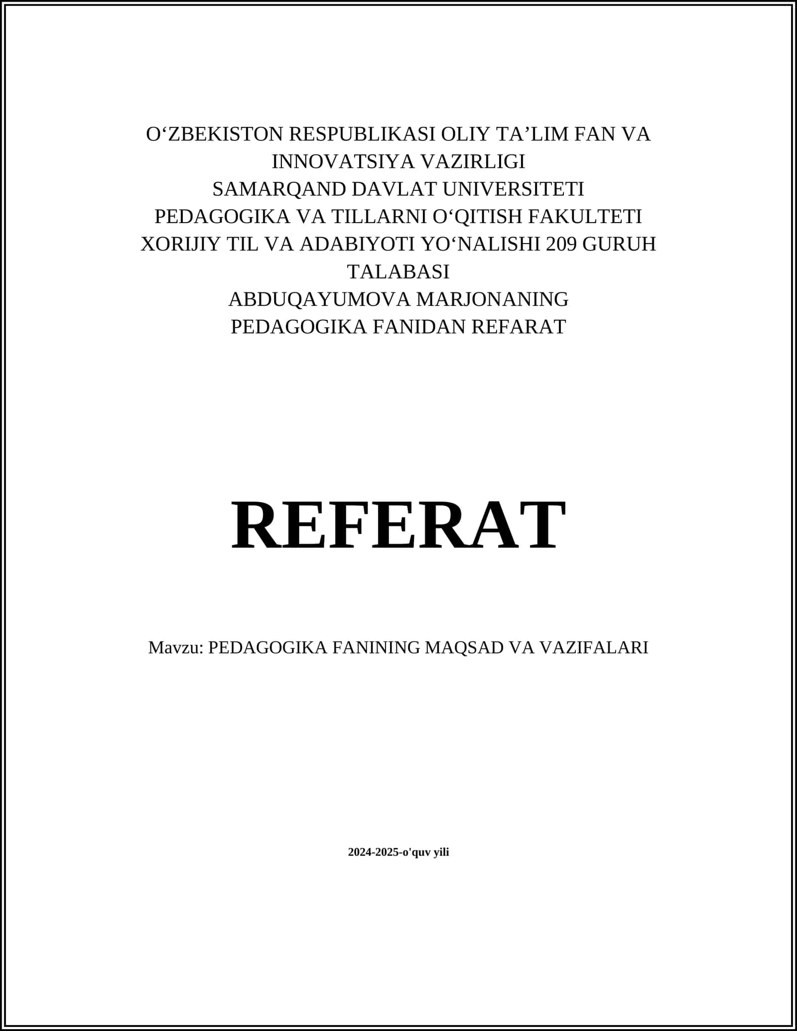 PEDAGOGIKA FANINING MAQSAD VA VAZIFALARI