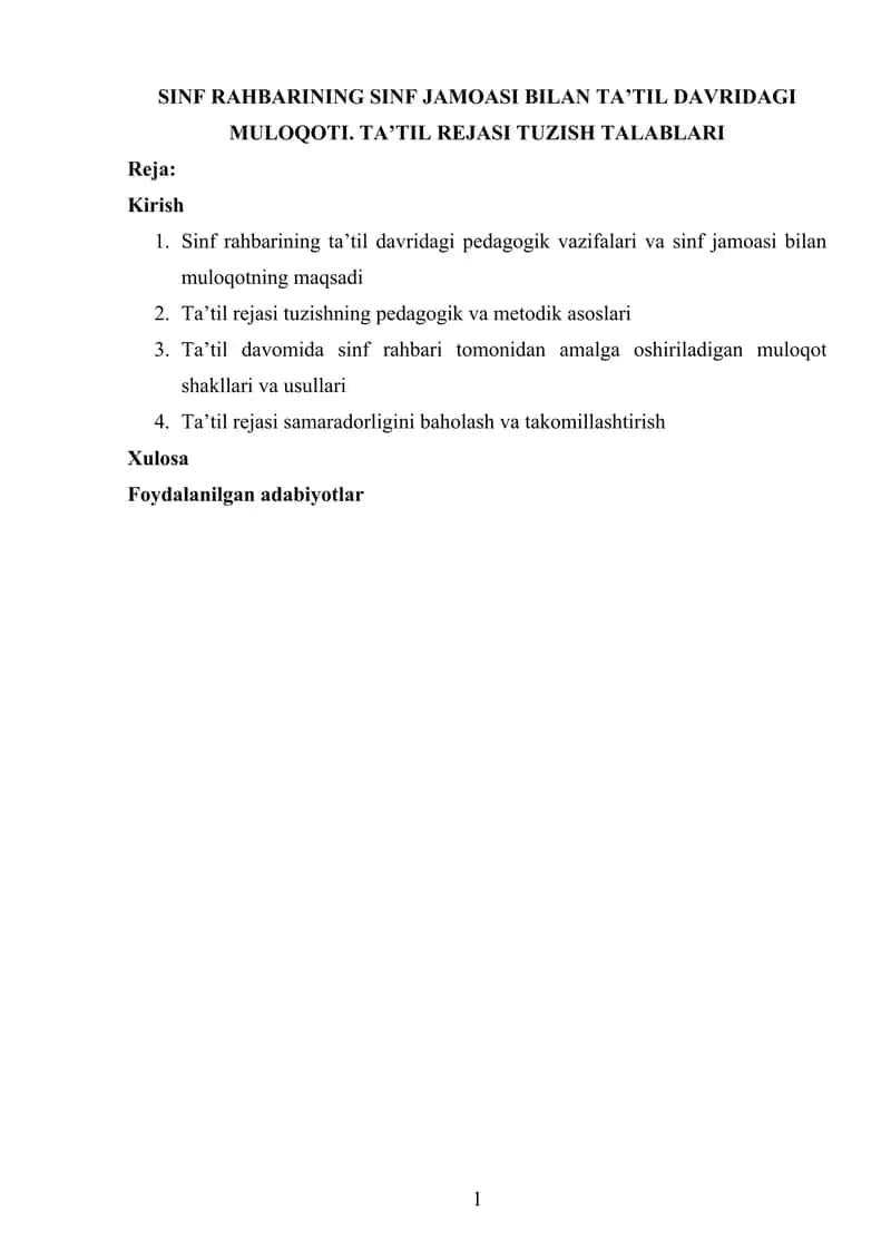 SINF RAHBARINING SINF JAMOASI BILAN TA’TIL DAVRIDAGI MULOQOTI