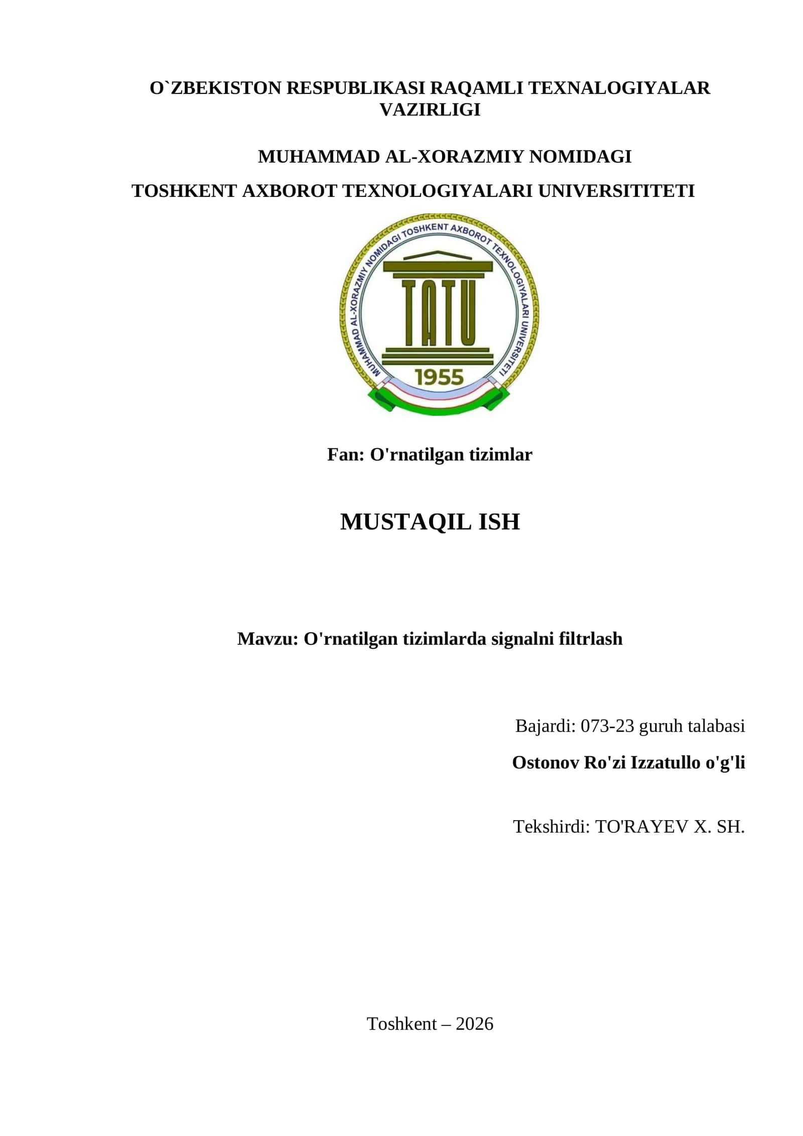 O'rnatilgan tizimlarda signalni filtrlash