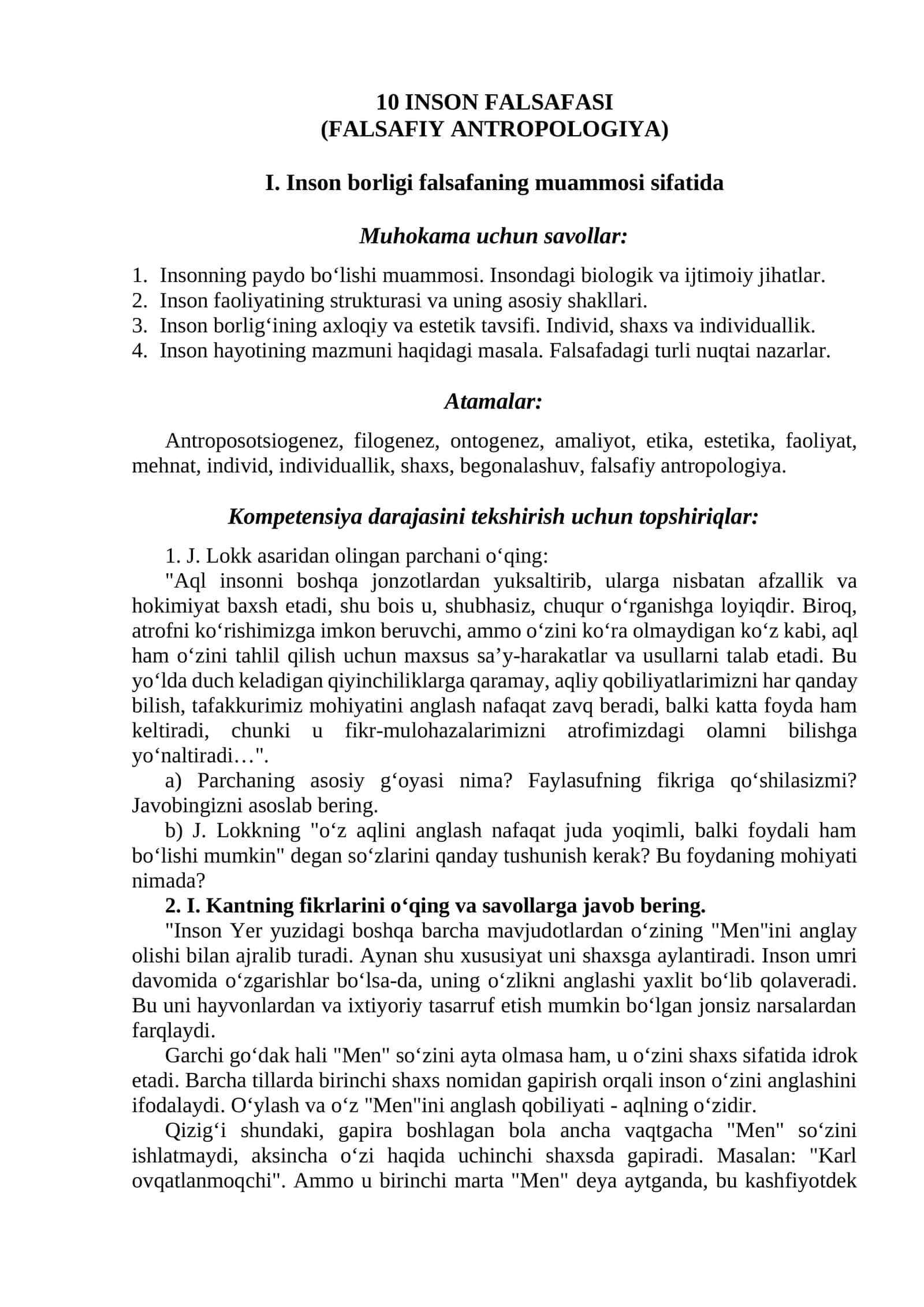 10 INSON FALSAFASI (FALSAFIY ANTROPOLOGIYA)