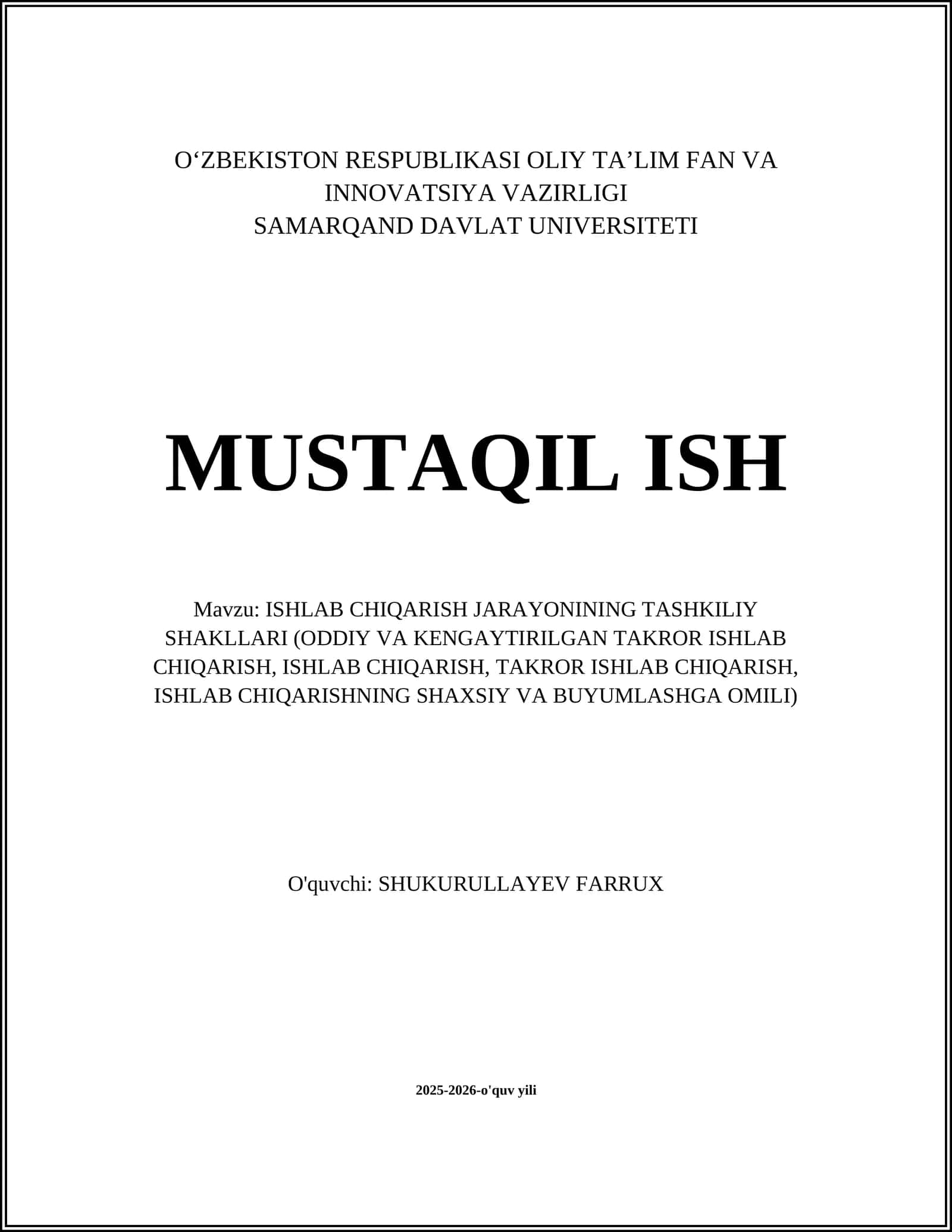 ISHLAB CHIQARISH JARAYONINING TASHKILIY SHAKLLARI