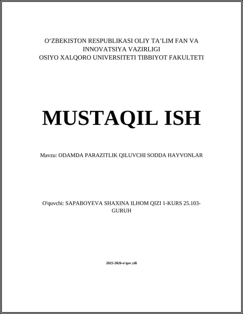 ODAMDA PARAZITLIK QILUVCHI SODDA HAYVONLAR