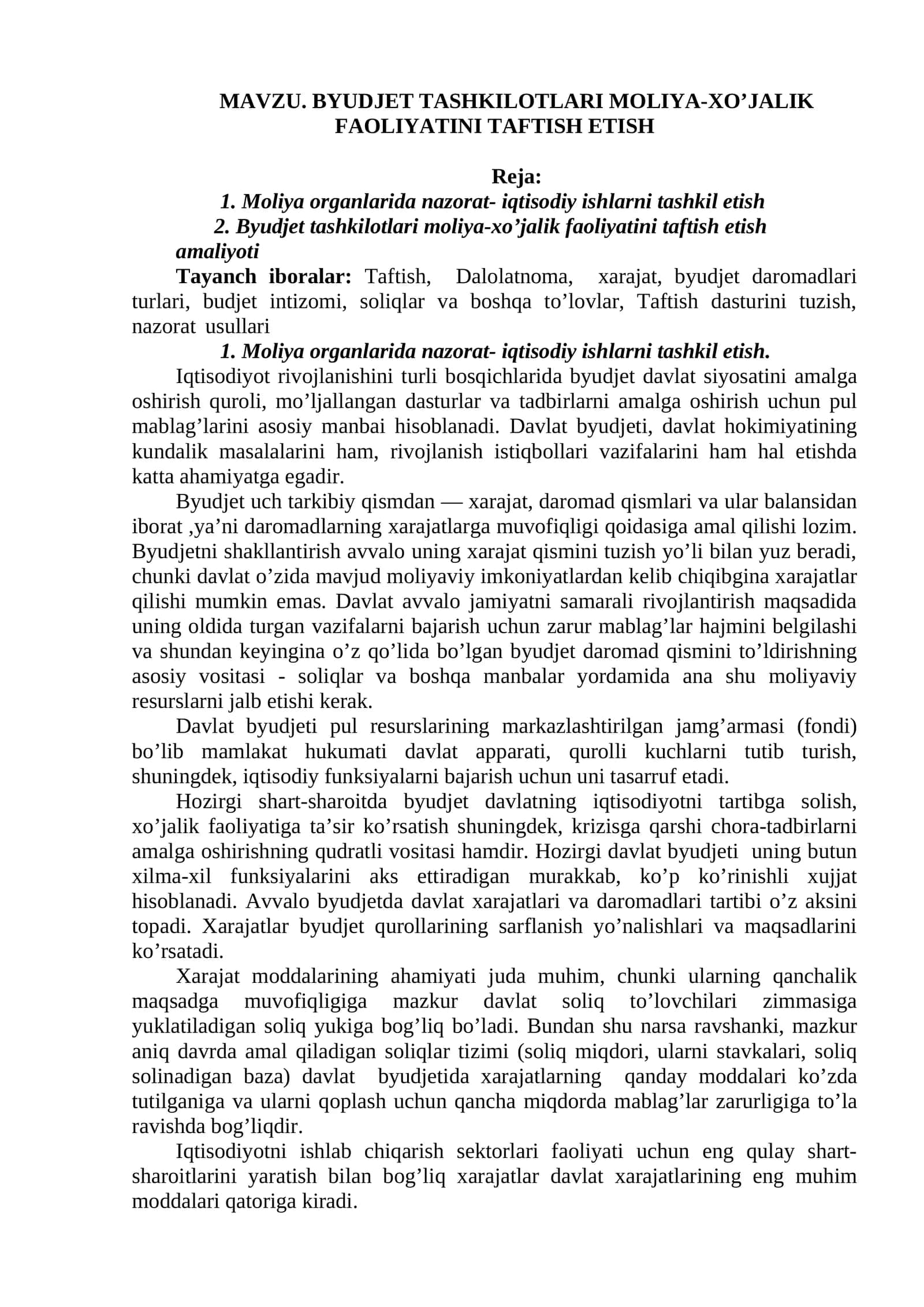 BYUDJET TASHKILOTLARI MOLIYA-XO’JALIK FAOLIYATINI TAFTISH ETISH