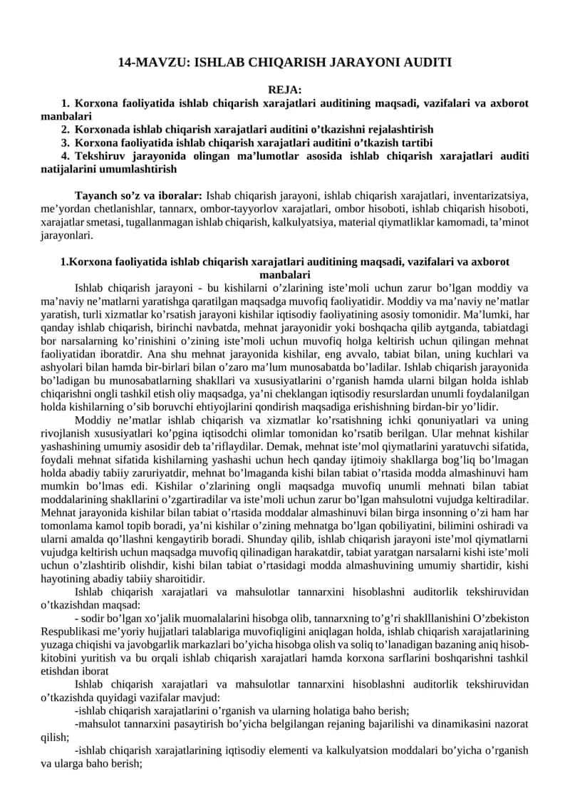 ISHLAB CHIQARISH JARAYONI AUDITI