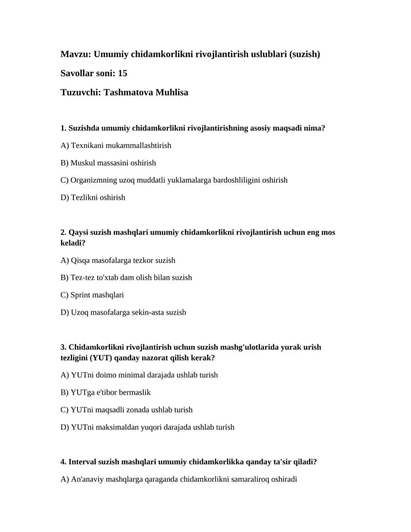 Umumiy chidamkorlikni rivojlantirish uslublari (suzish)