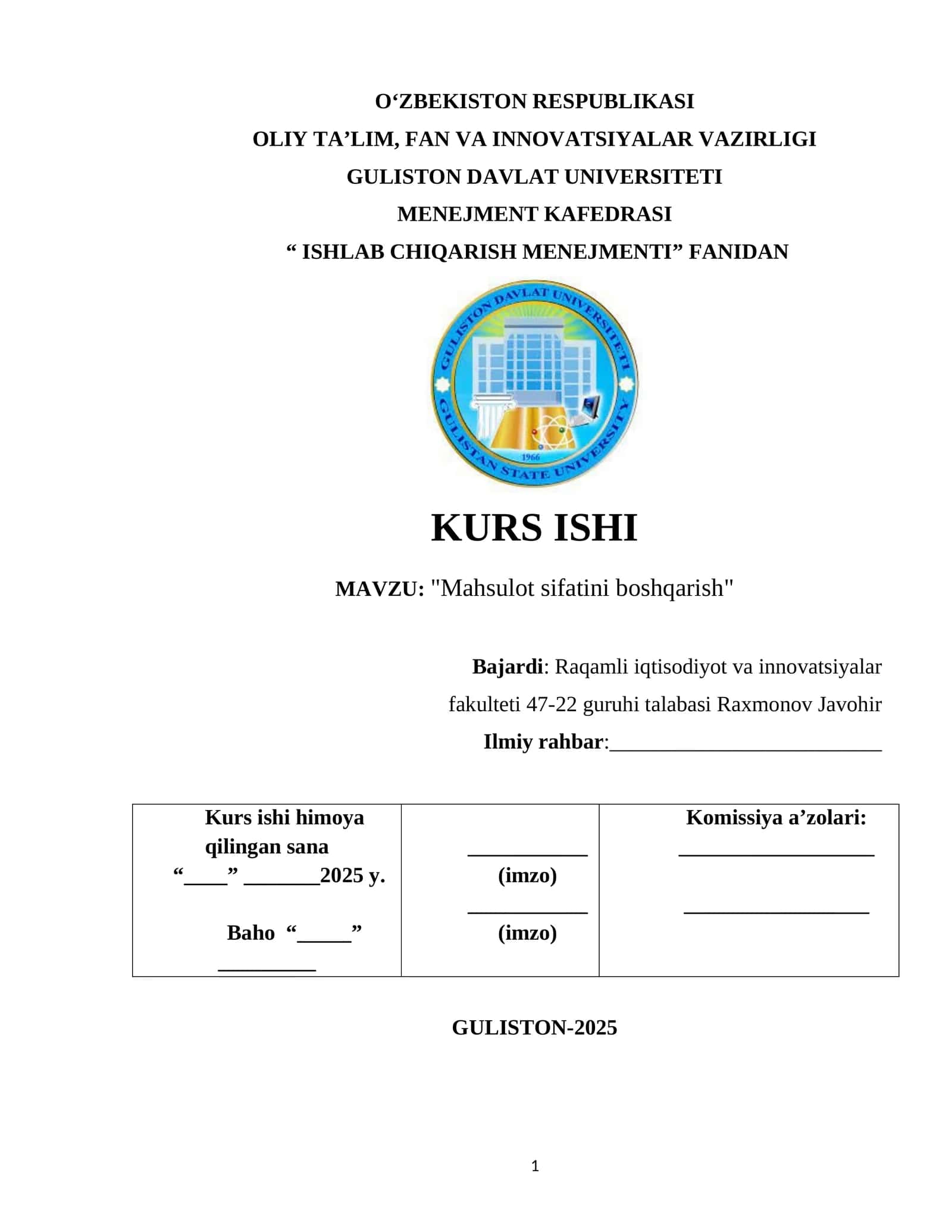 Mahsulot sifatini boshqarish