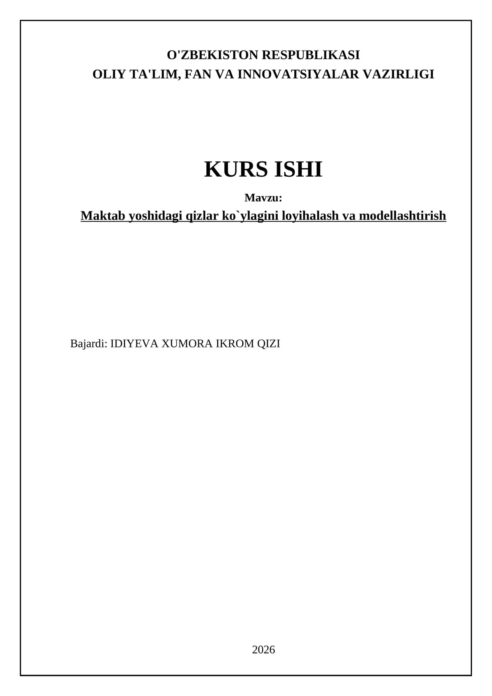 Maktab yoshidagi qizlar ko`ylagini loyihalash va modellashtirish