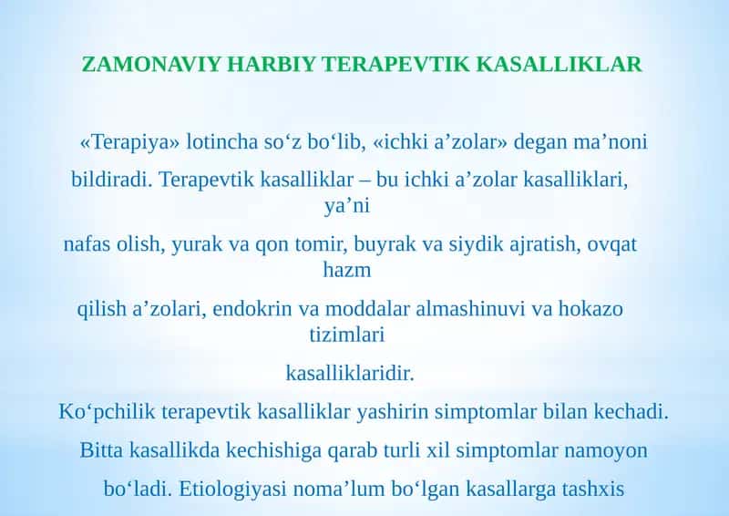 ZAMONAVIY HARBIY TERAPEVTIK KASALLIKLAR
