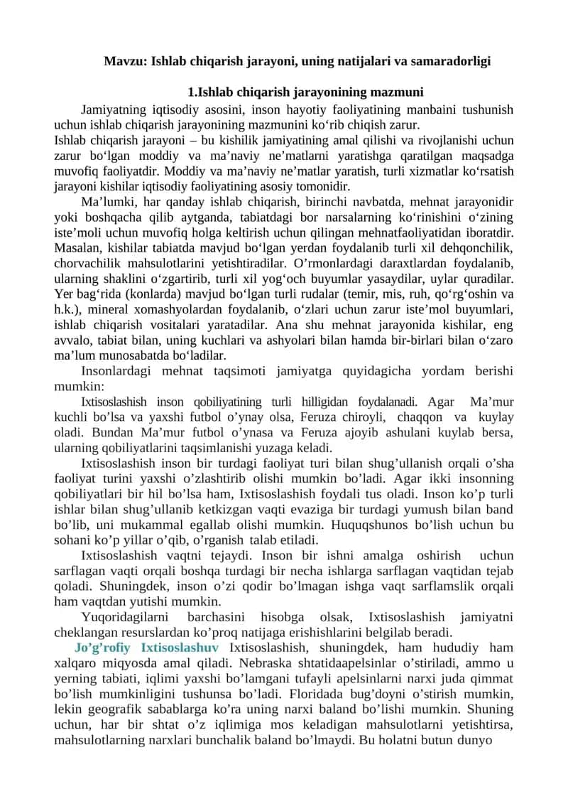 Ishlab chiqarish jarayoni, uning natijalari va samaradorligi