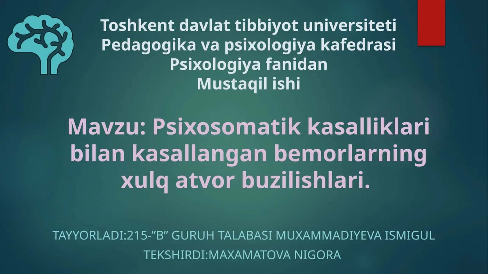 Psixosomatik kasalliklar bilan kasallangan bemorlarning xulqatvor buzilishlari