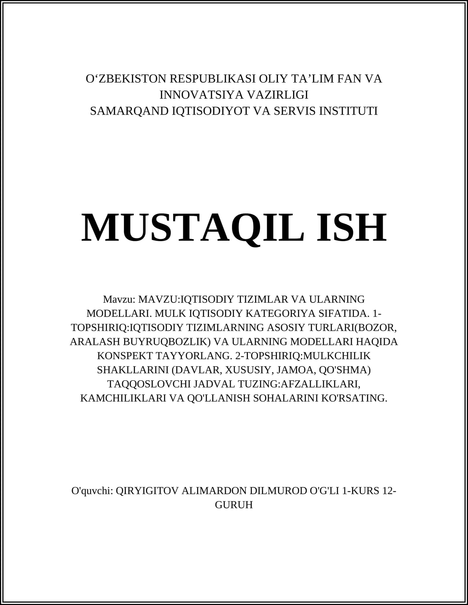 IQTISODIY TIZIMLAR VA ULARNING MODELLARI