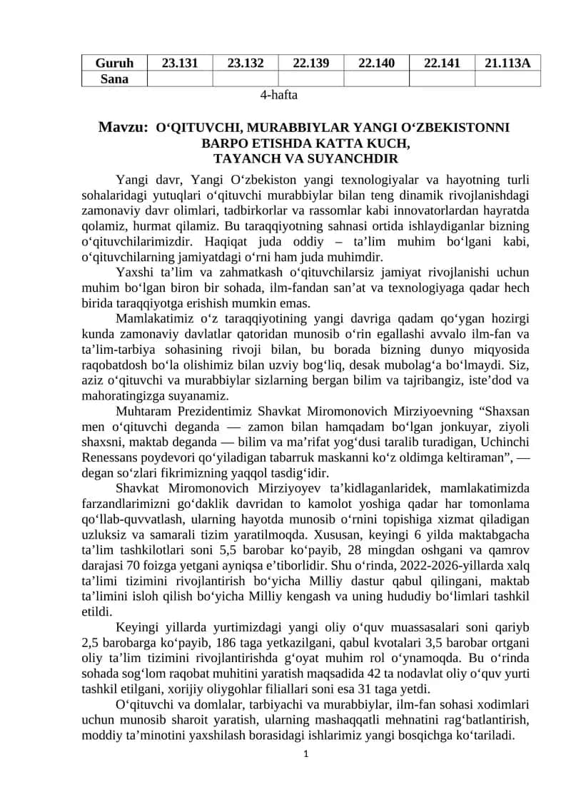 O‘QITUVCHI, MURABBIYLAR YANGI O‘ZBEKISTONNI BARPO ETISHDA KATTA KUCH, TAYANCH VA SUYANCHDIR