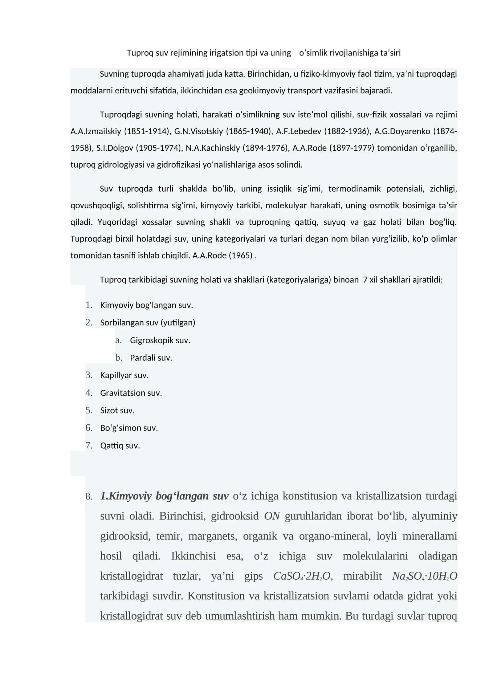 Tuproq suv rejimining irigatsion tipi va uning o’simlik rivojlanishiga ta’siri