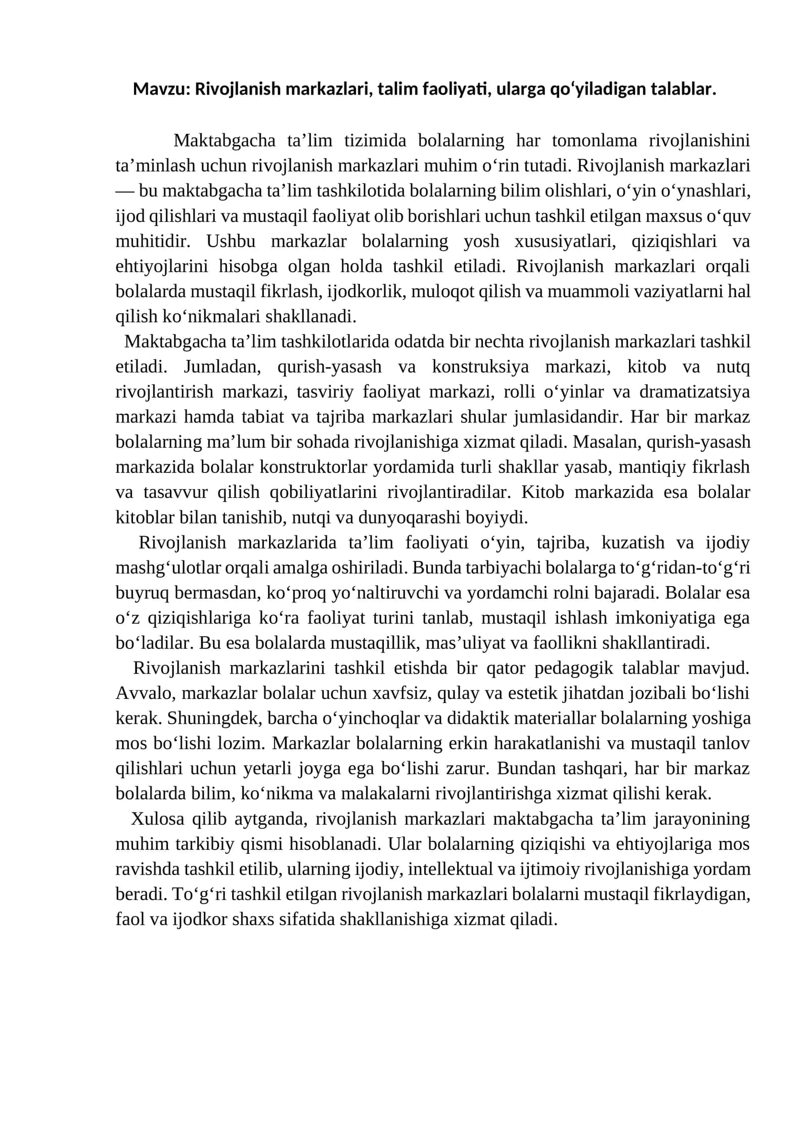 Maktabgacha ta’limda Rivojlanish Markazlari