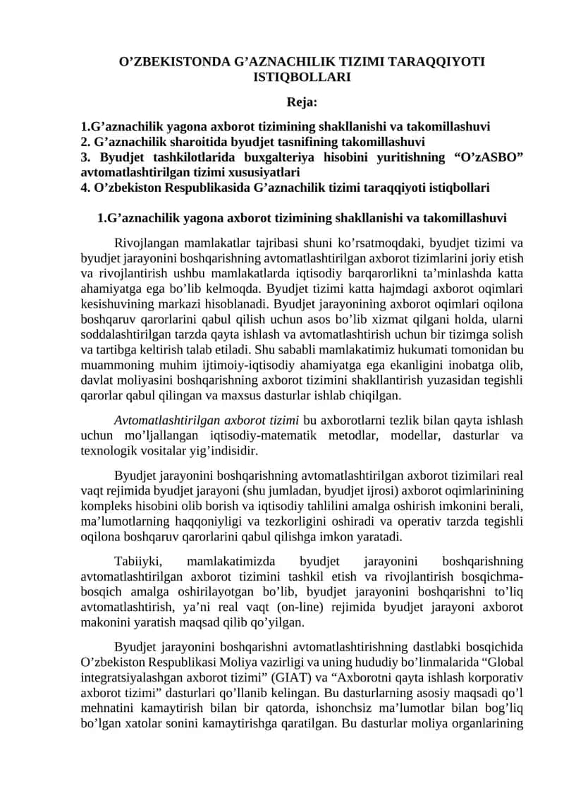 G’aznachilik Tizimi Taraqqiyoti