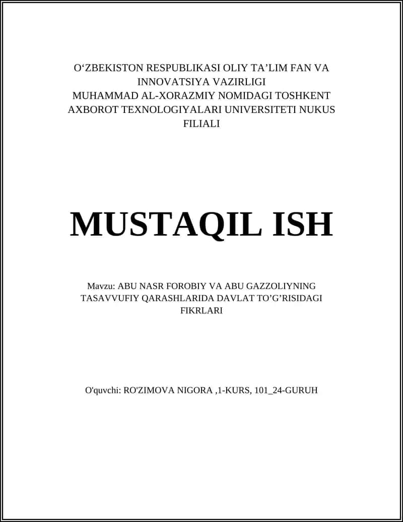ABU NASR FOROBIY VA ABU GAZZOLIYNING TASAVVUFIY QARASHLARIDA DAVLAT TO’G’RISIDAGI FIKRLARI