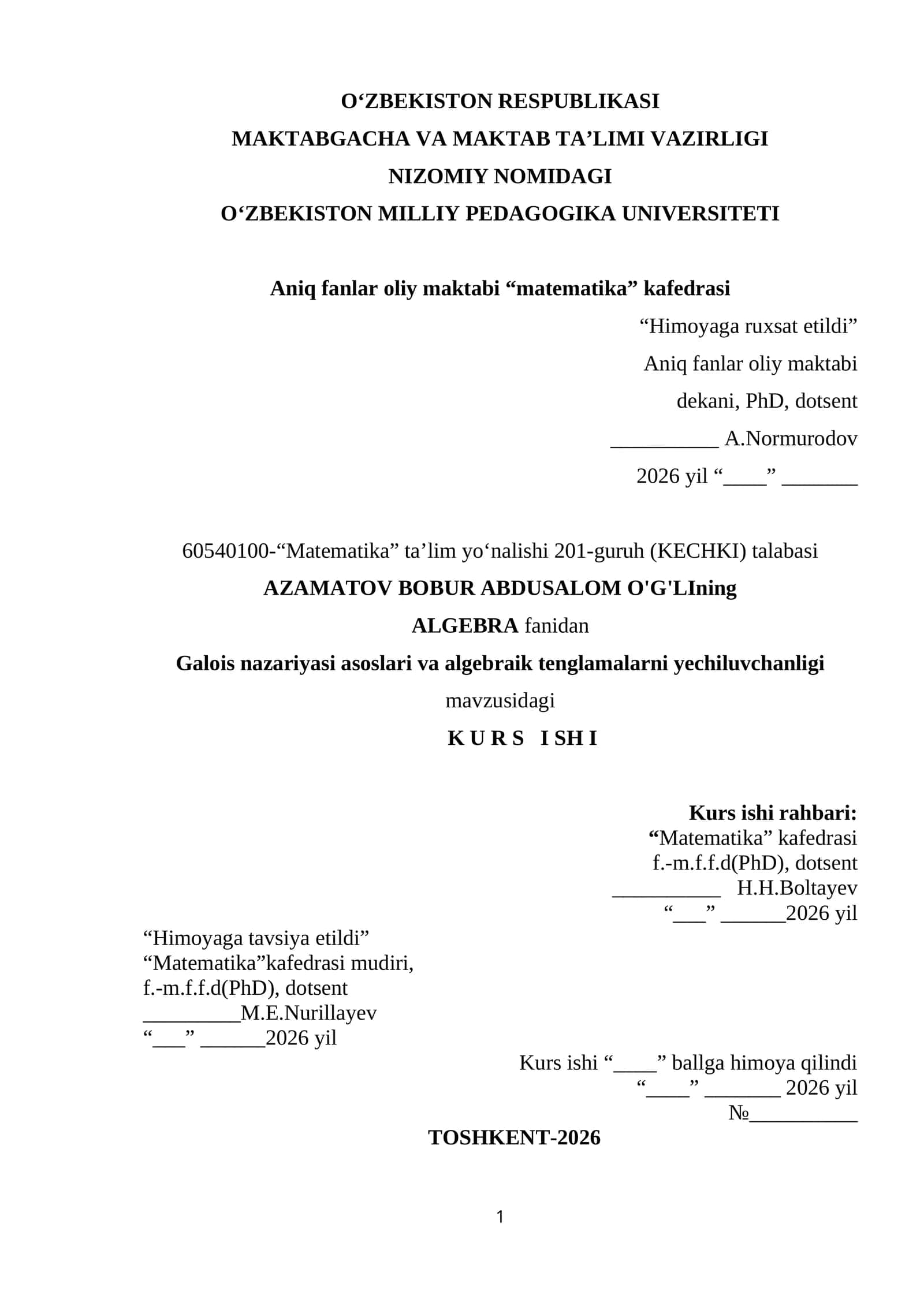 Galois nazariyasi asoslari va algebraik tenglamalarni yechiluvchanligi