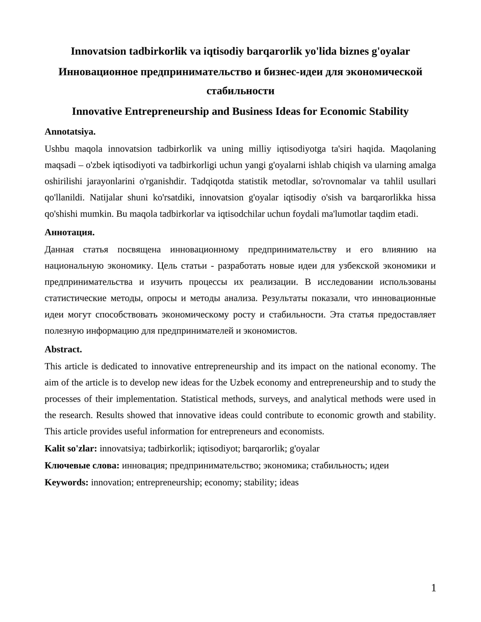 Innovatsion tadbirkorlik va iqtisodiy barqarorlik yo'lida biznes g'oyalar