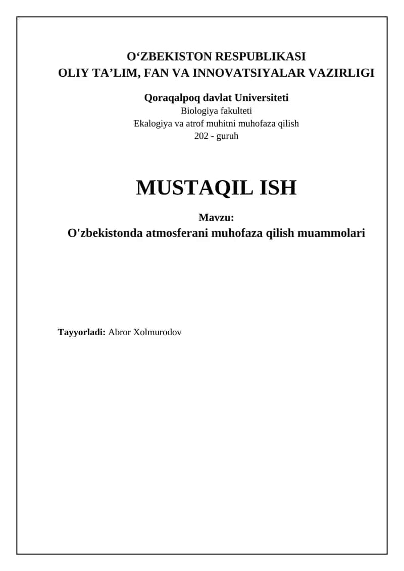 O'zbekistonda atmosferani muhofaza qilish muammolari