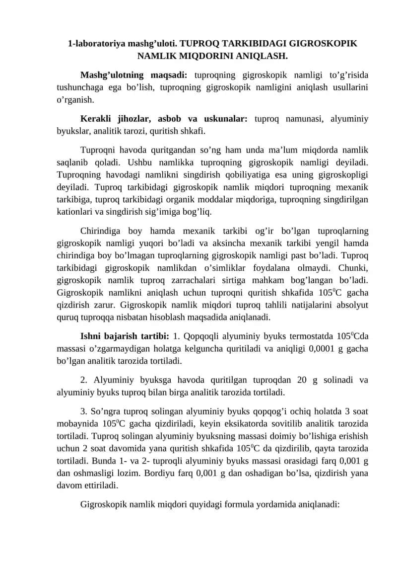TUPROQ TARKIBIDAGI GIGROSKOPIK NAMLIK MIQDORINI ANIQLASH.