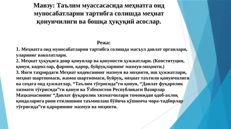 Таълим муассасасида меҳнатга оид муносабатларни тартибга солишда меҳнат қонунчилиги ва бошқа ҳуқуқий асослар.