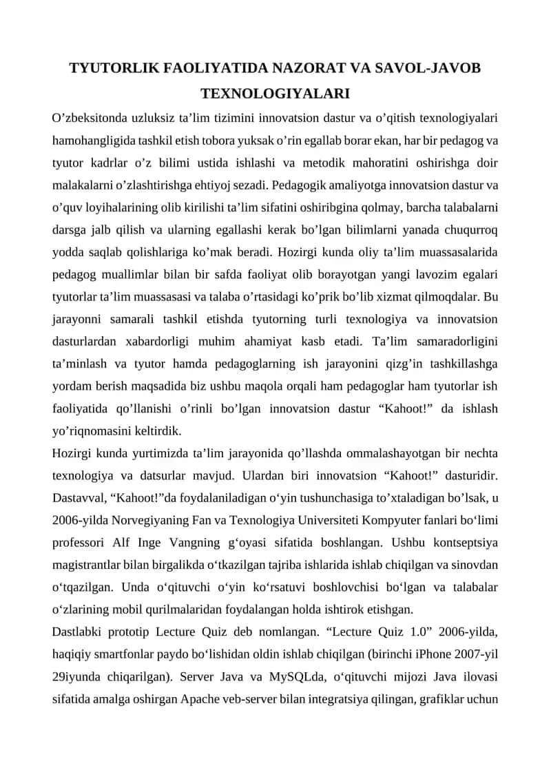 TYUTORLIK FAOLIYATIDA NAZORAT VA SAVOL-JAVOB TEXNOLOGIYALARI