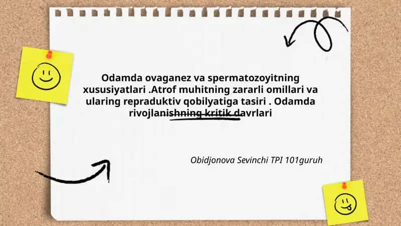 Odamda ovaganez va spermatozoyitning xususiyatlari.Atrof muhitning zararli omillari va ularing repraduktiv qobilyatiga tasiri. Odamda rivojlanishning kritik davrlari