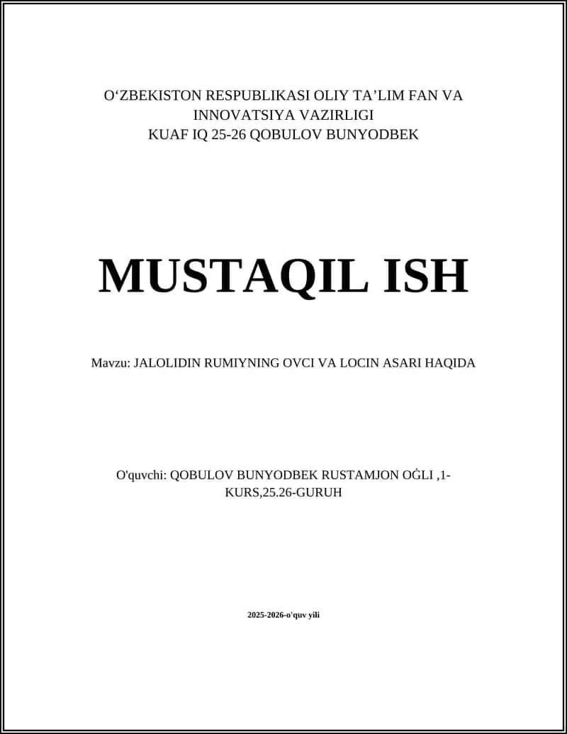 Jalolidin Rumiyning Ovci va Locin Asari Haqida