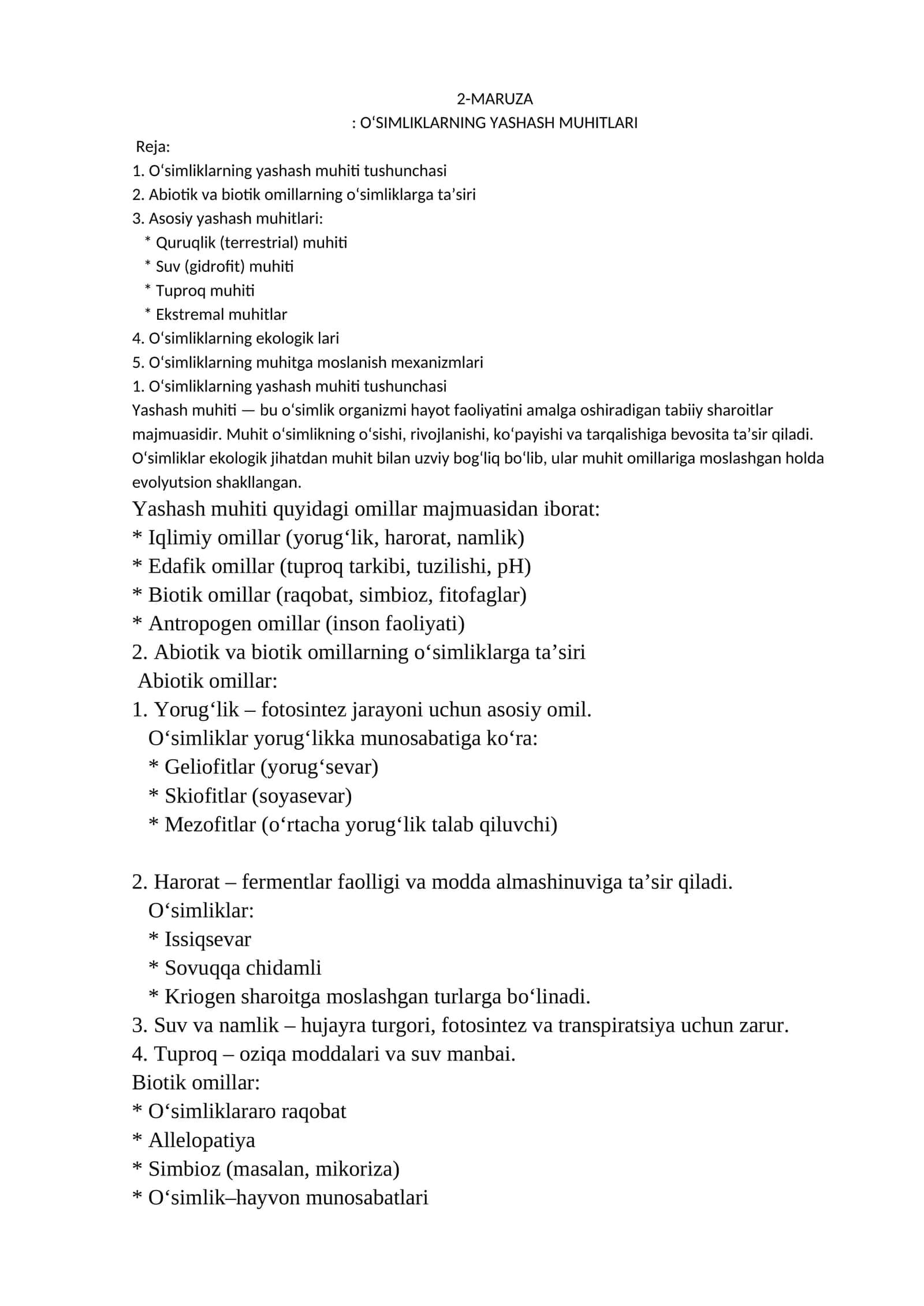 2-MARUZA: O‘SIMLIKLARNING YASHASH MUHITLARI