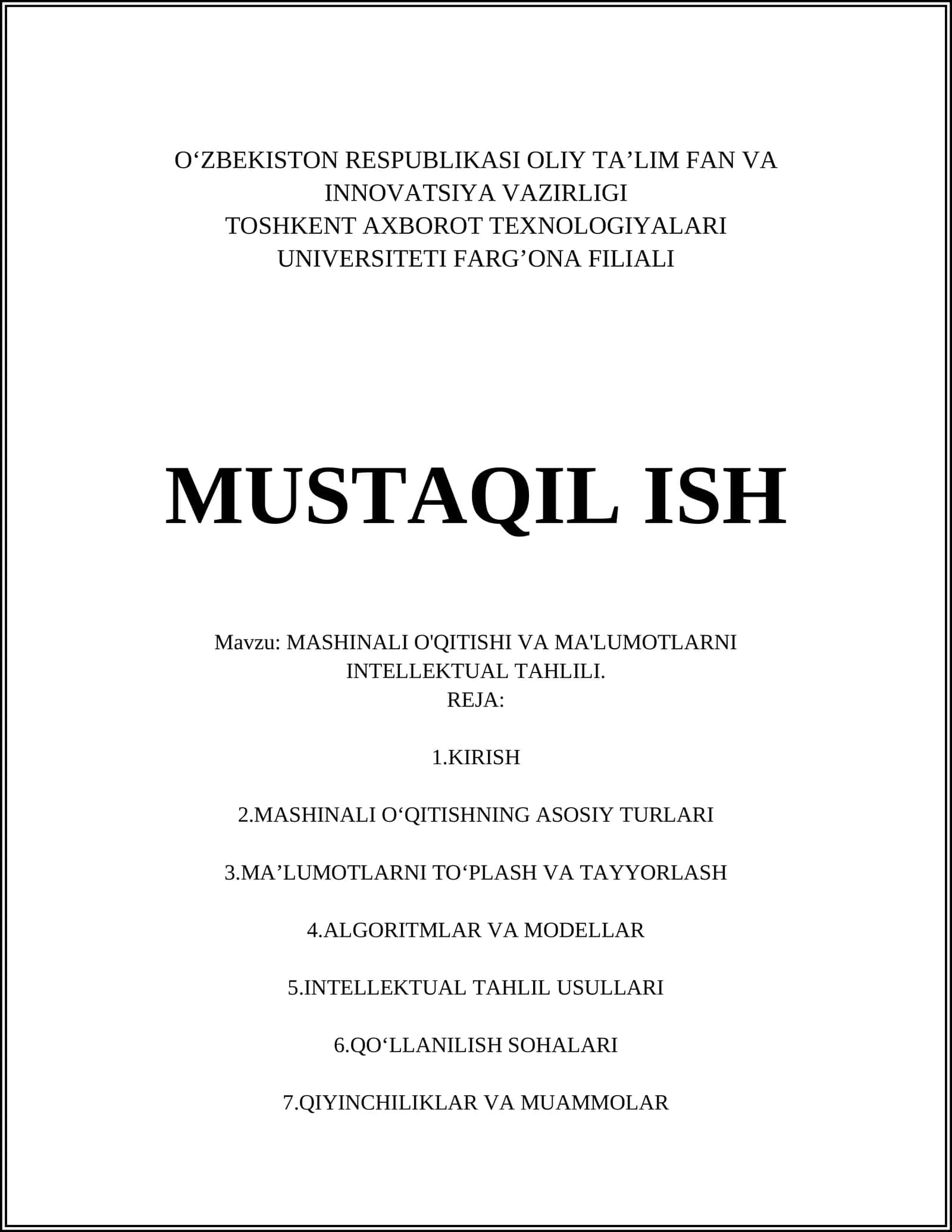 MASHINALI O'QITISHI VA MA'LUMOTLARNI INTELLEKTUAL TAHLILI