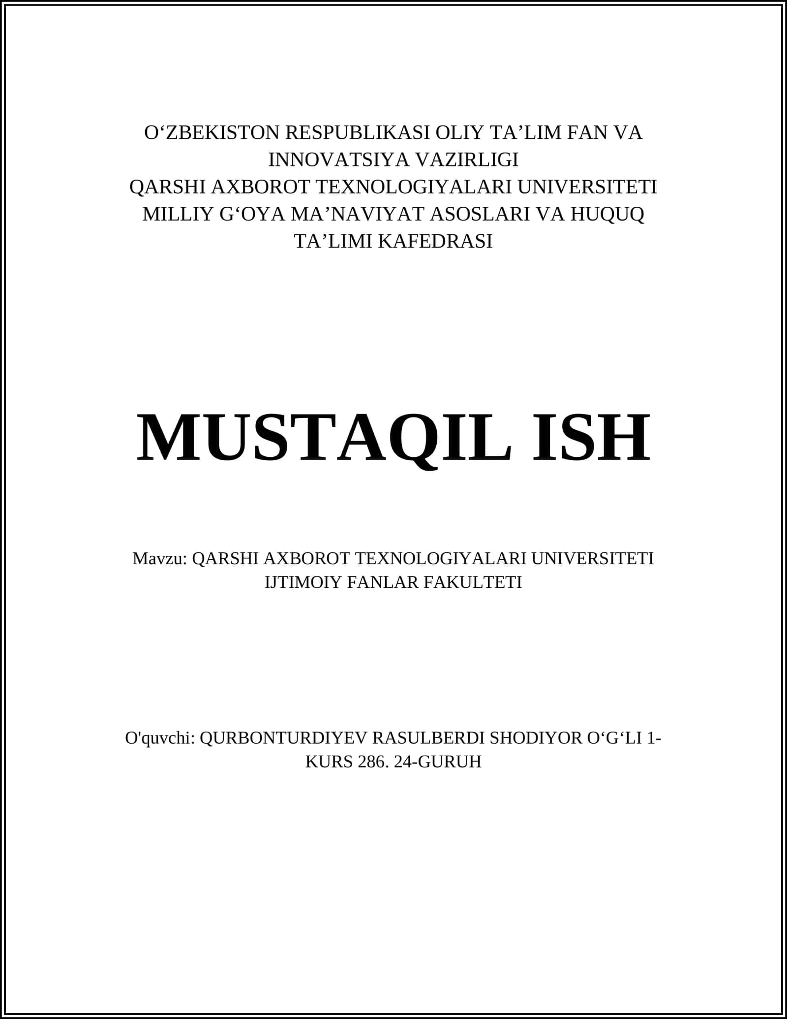 QARSHI AXBOROT TEXNOLOGIYALARI UNIVERSITETI IJTIMOIY FANLAR FAKULTETI