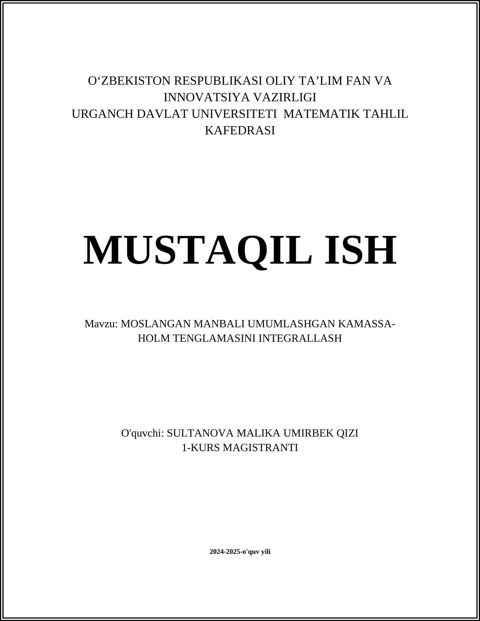 MOSLANGAN MANBALI UMUMLASHGAN KAMASSA-HOLM TENGLAMASI