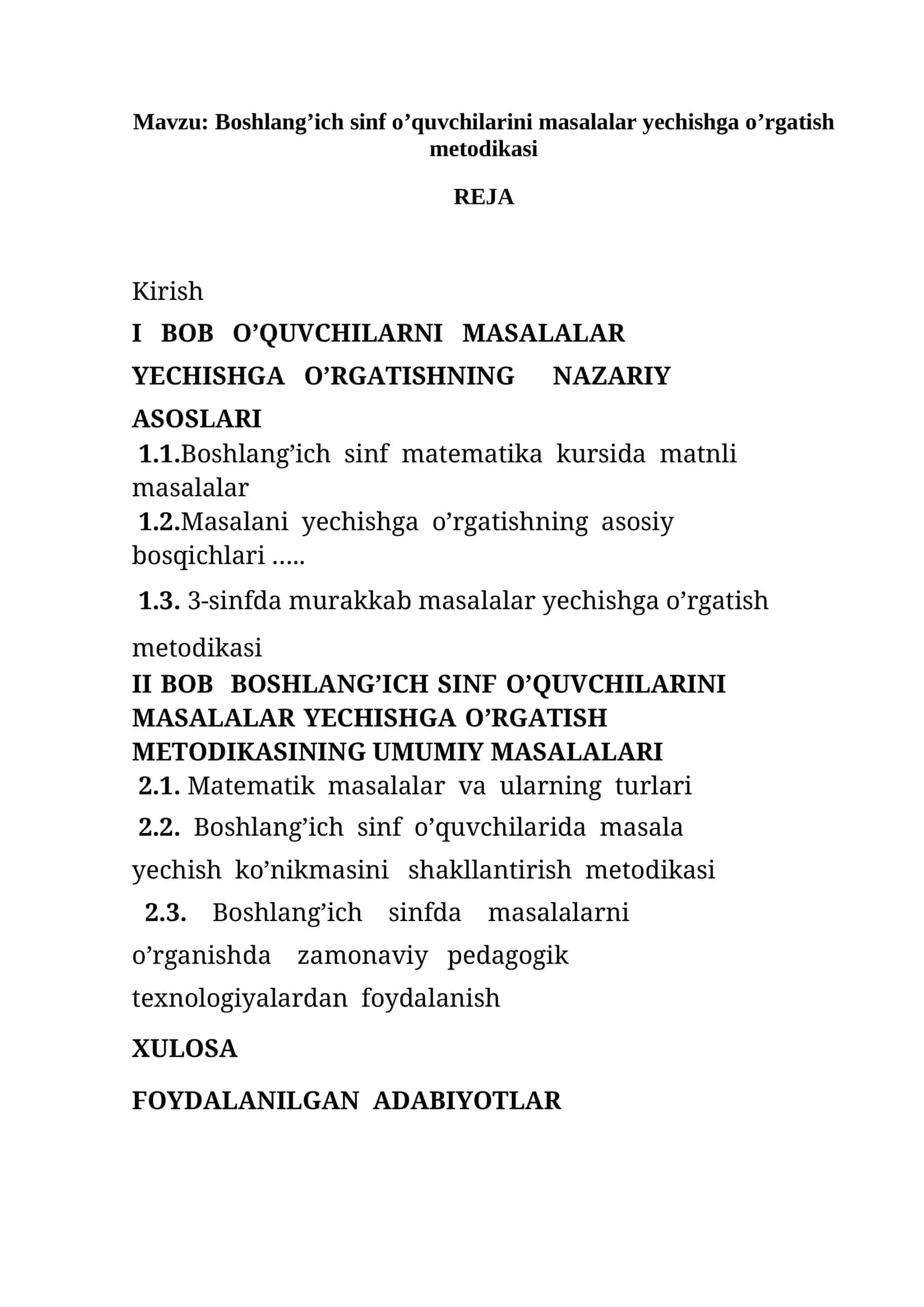 Boshlang’ich sinf o’quvchilarini masalalar yechishga o’rgatish metodikasi