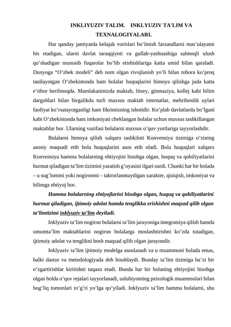 INKLIYUZIV TALIM. INKLYUZIV TA'LIM VA TEXNALOGIYALARI