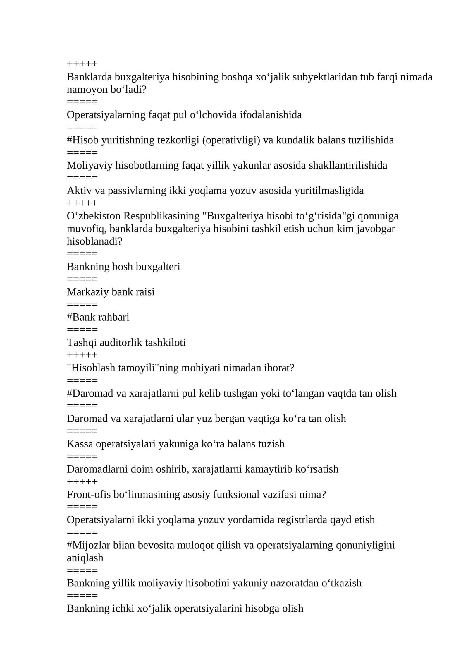 BBHA Banklarda buxgalteriya hisobi asoslari Yakuniy Nazorat TDIU 2026
