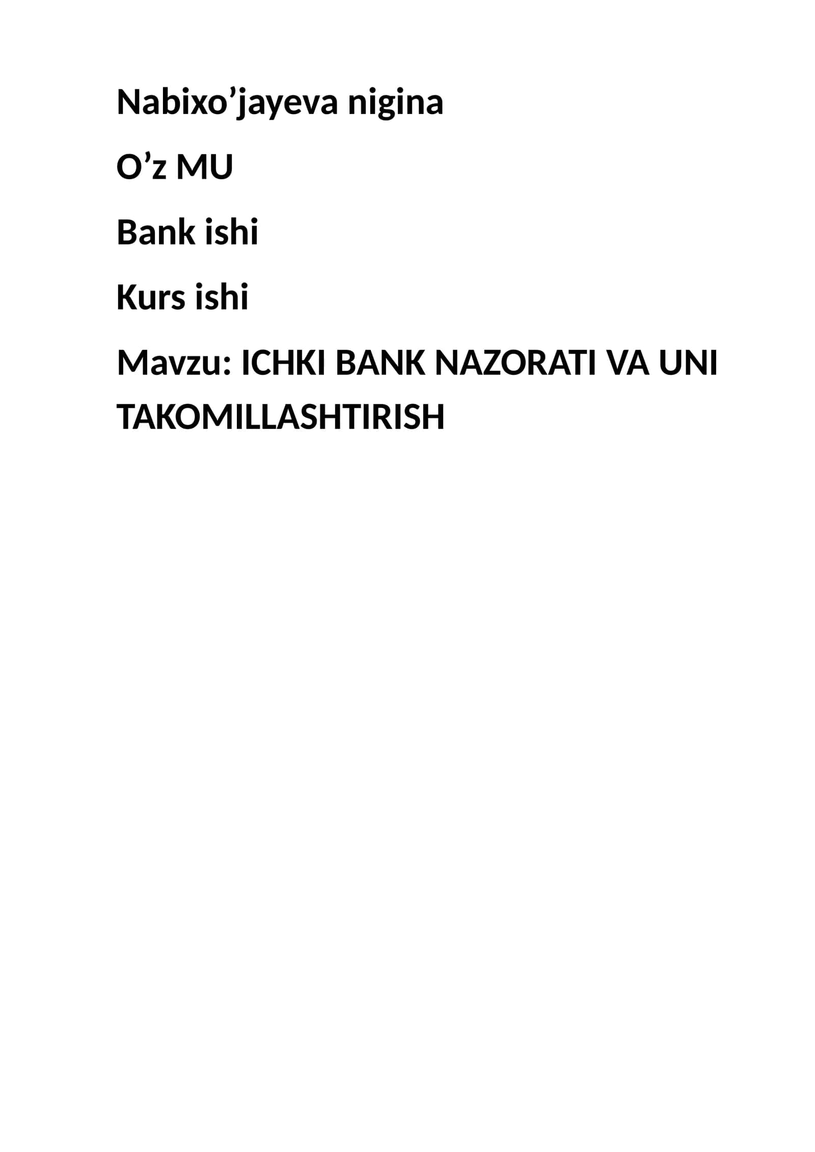 ICHKI BANK NAZORATI VA UNI TAKOMILLASHTIRISH