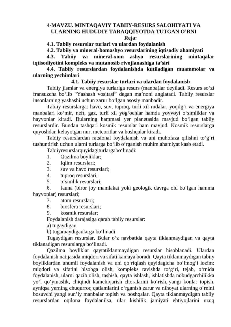 Tabiiy Resurslar Turlari
