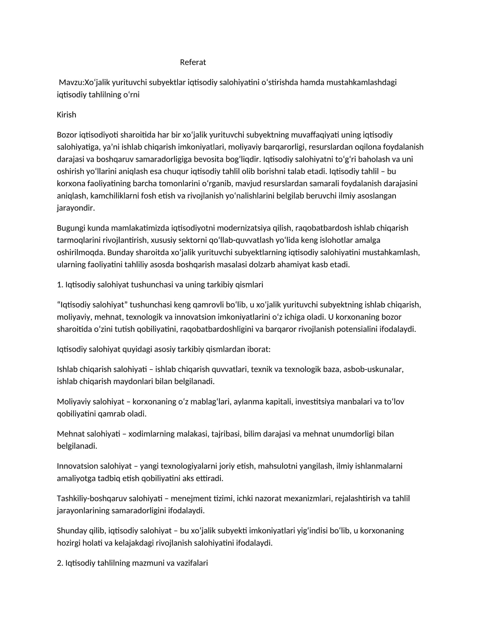 Xo‘jalik yurituvchi subyektlar iqtisodiy salohiyatini o‘stirishda hamda mustahkamlashdagi iqtisodiy tahlilning o‘rni