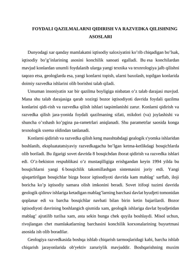 FOYDALI QAZILMALARNI QIDIRISH VA RAZVEDKA QILISHNING ASOSLARI