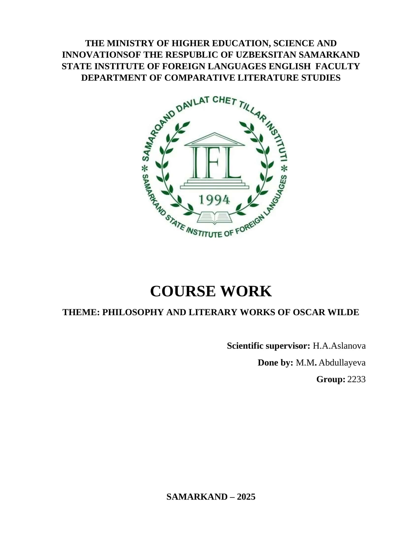 PHILOSOPHY AND LITERARY WORKS OF OSCAR WILDE
