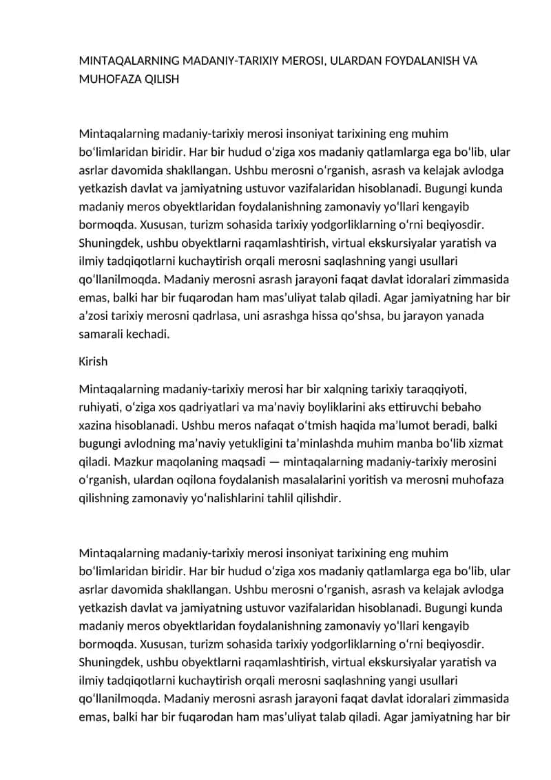 MINTAQALARNING MADANIY-TARIXIY MEROSI