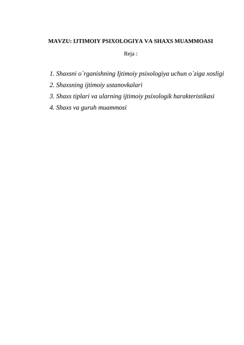 Shaxsni o`rganishning ijtimoiy psixologiyasi
