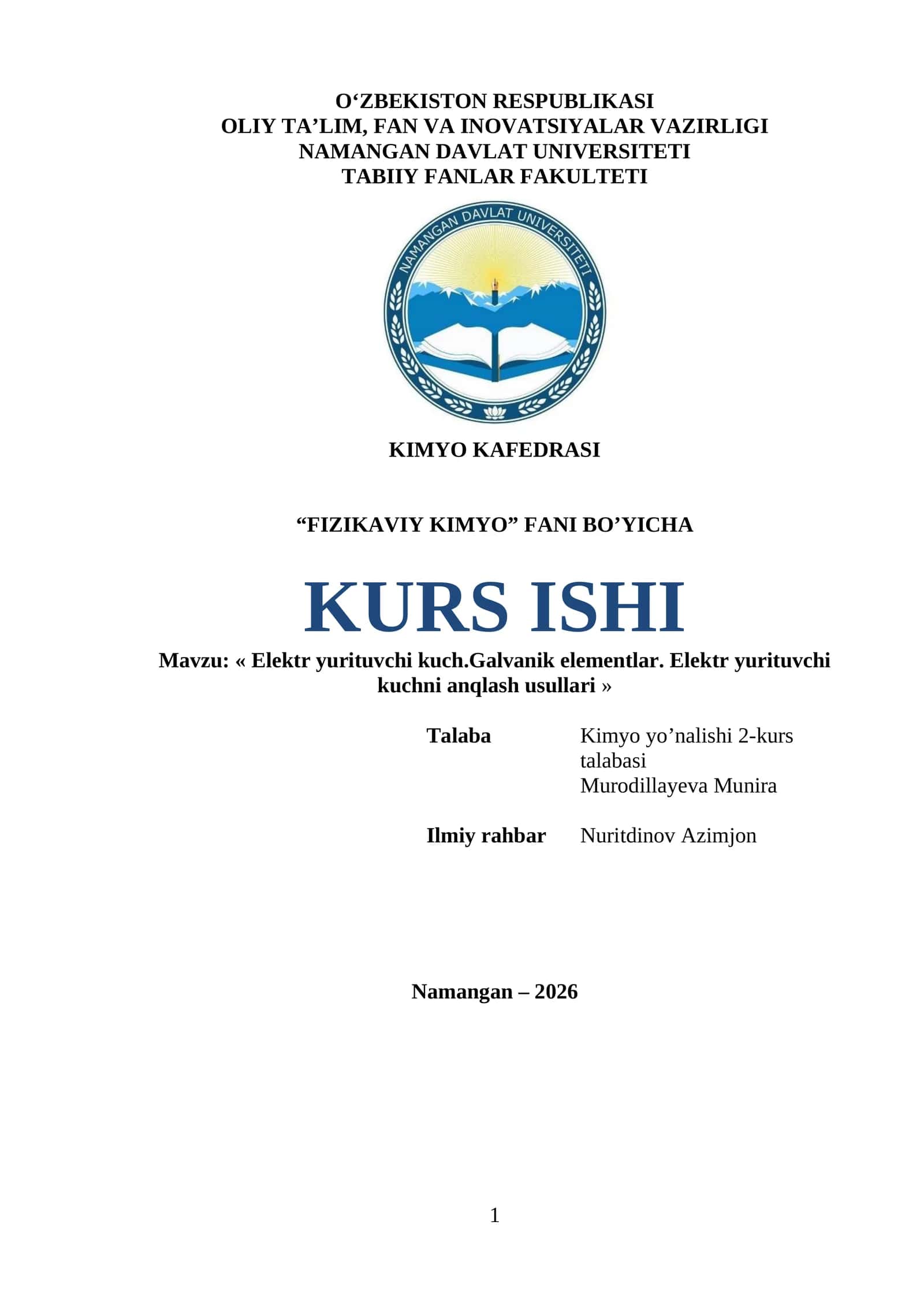 Elektr yurituvchi kuch.Galvanik elementlar. Elektr yurituvchi kuchni anqlash usullari