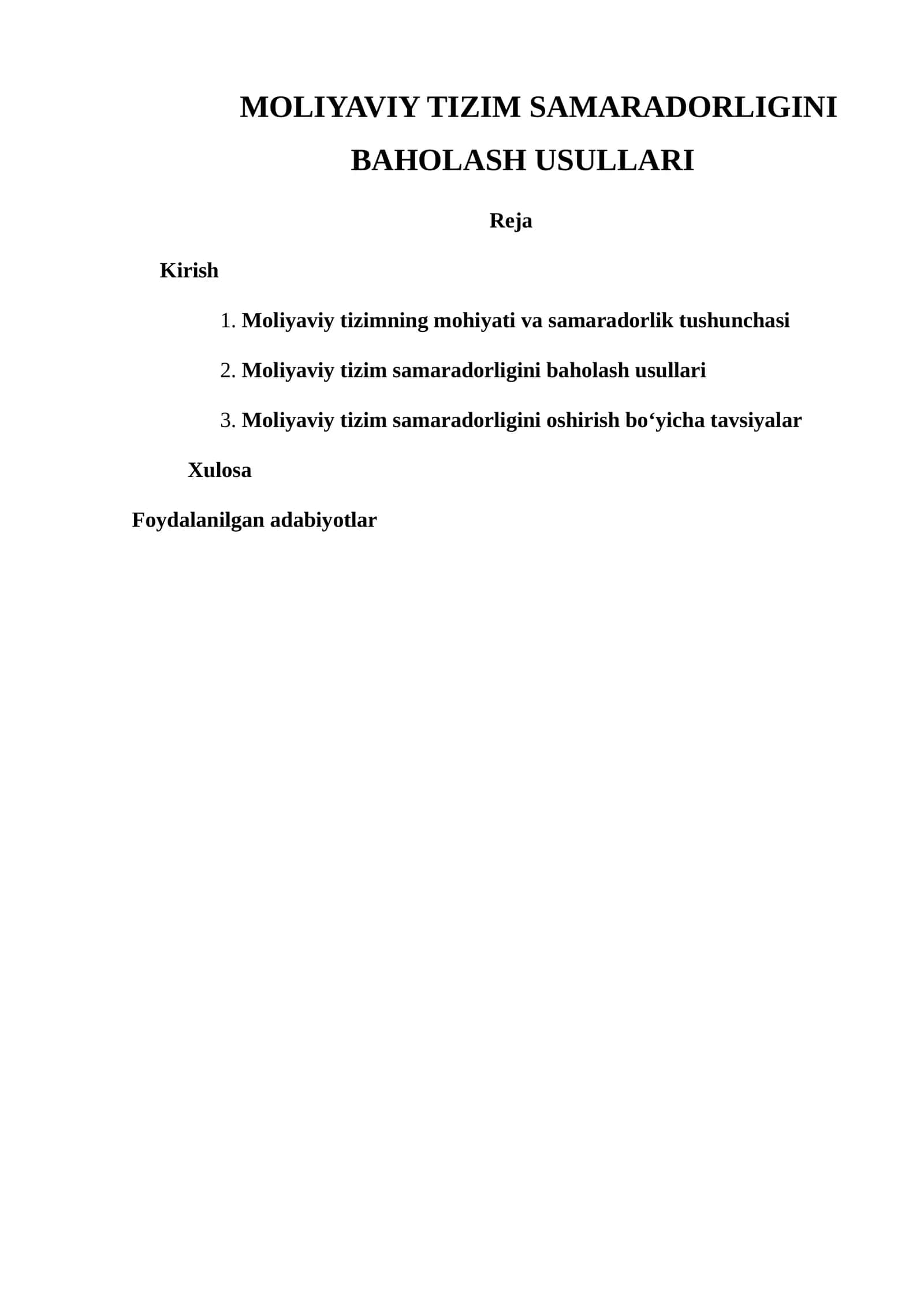 MOLIYAVIY TIZIM SAMARADORLIGINI BAHOLASH USULLARI