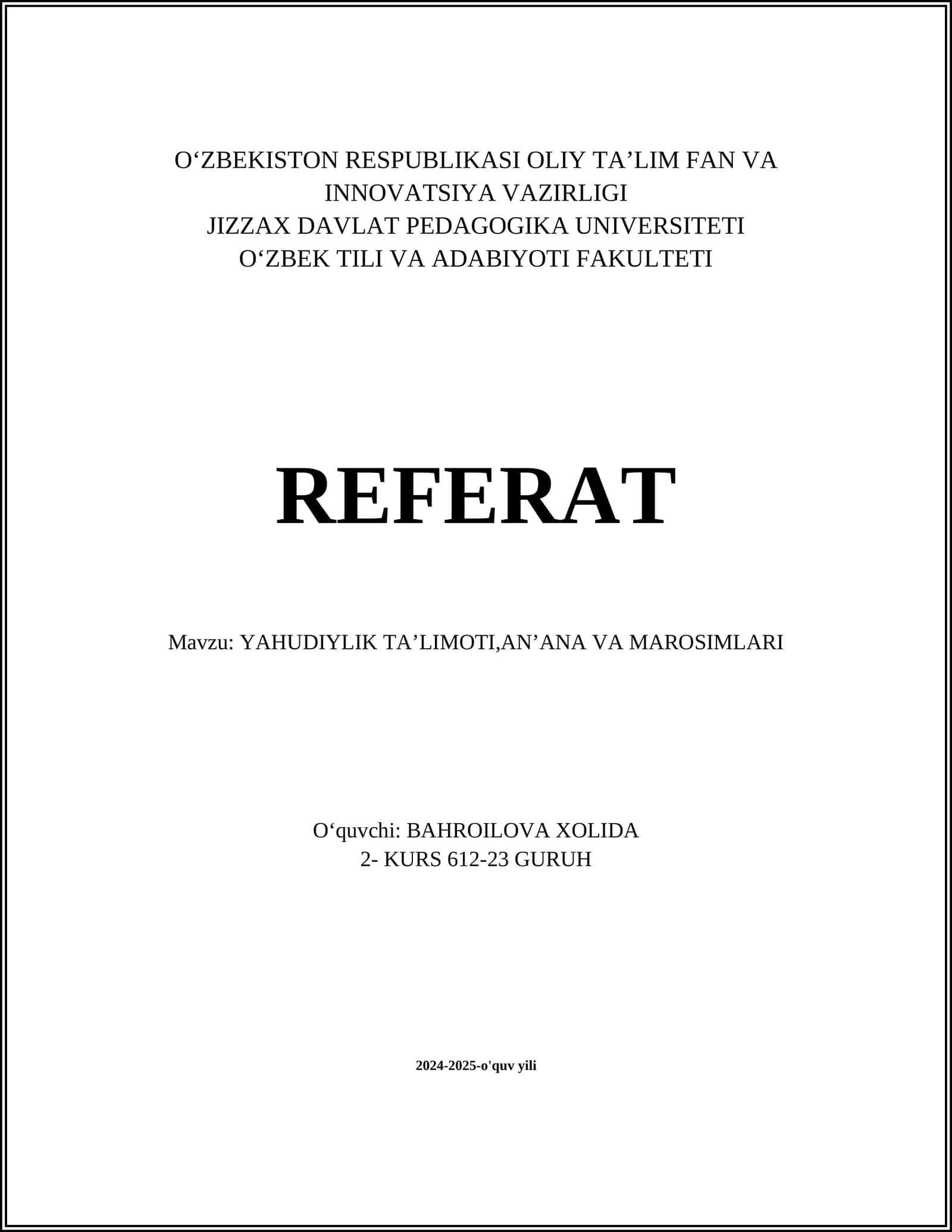 YAHUDIYLIK TA’LIMOTI,ANʼANA VA MAROSIMLARI